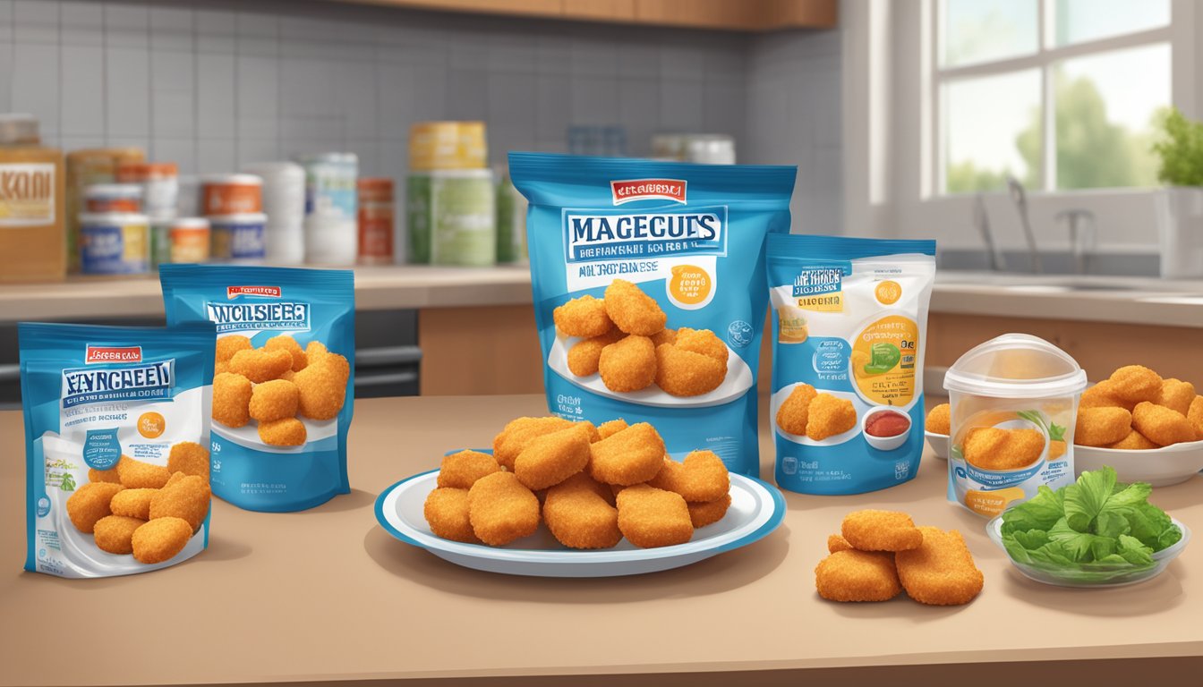 A plate of chicken nuggets sits on a countertop, surrounded by various containers of preservatives and packaging with expiration dates