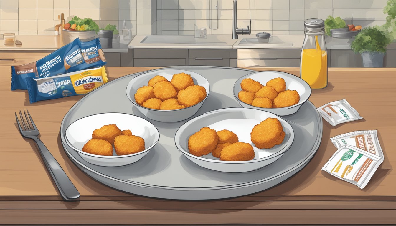 A plate of chicken nuggets sits on a kitchen counter, surrounded by condiment packets and a timer indicating the passage of time