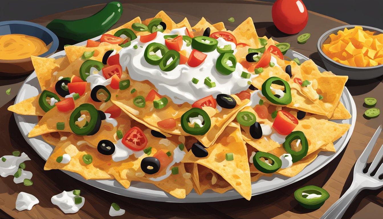 A plate of chicken nachos sits on a table, topped with melted cheese, diced tomatoes, jalapenos, and sour cream. Steam rises from the crispy tortilla chips