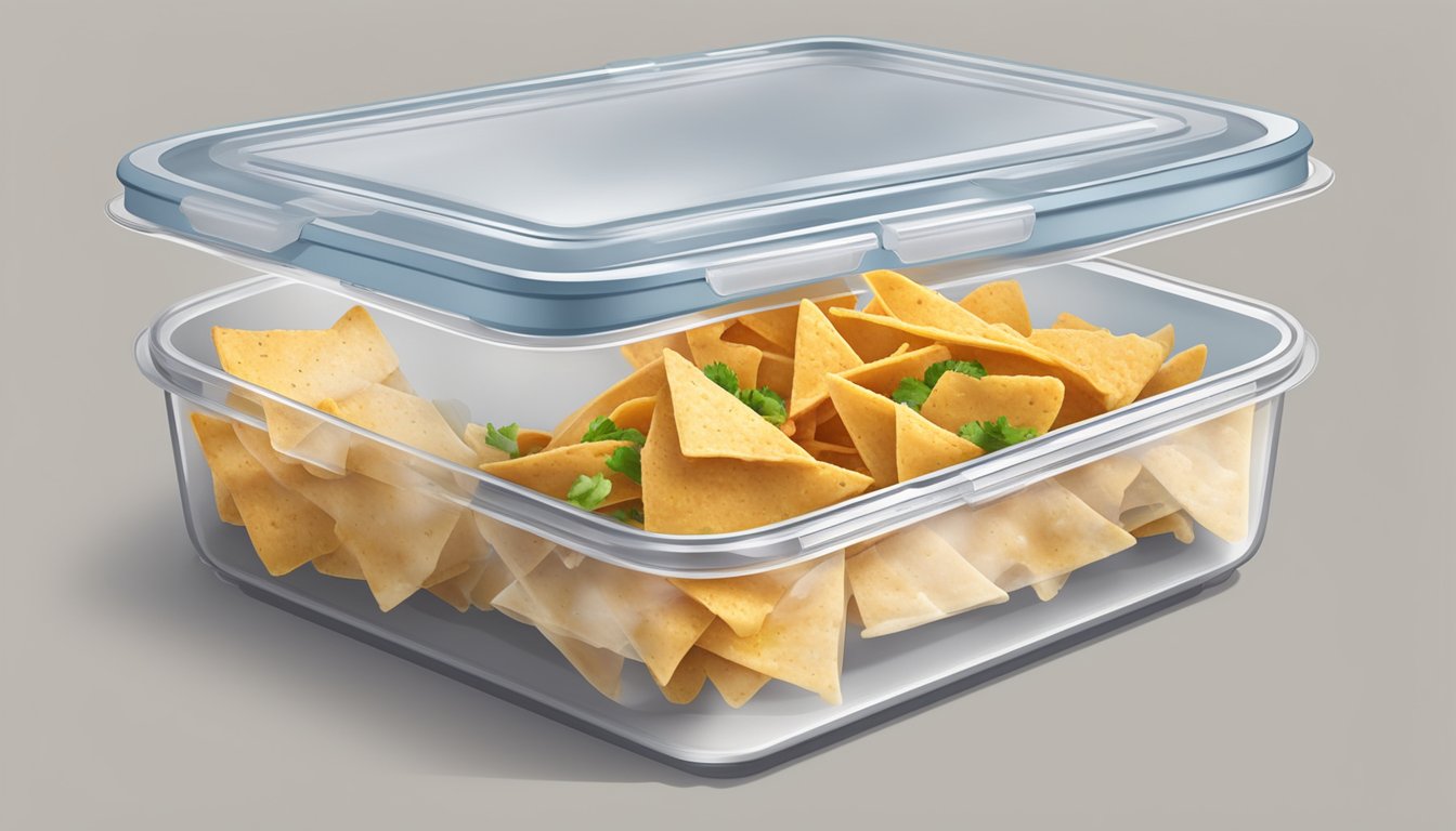 Airtight container with chicken nachos, labeled with date, in refrigerator