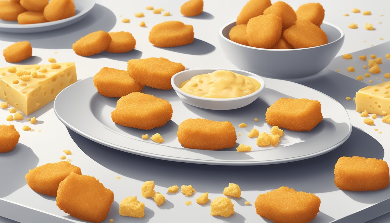 A plate of chicken nuggets and cheese, surrounded by a few crumbs, sits on a clean, white table