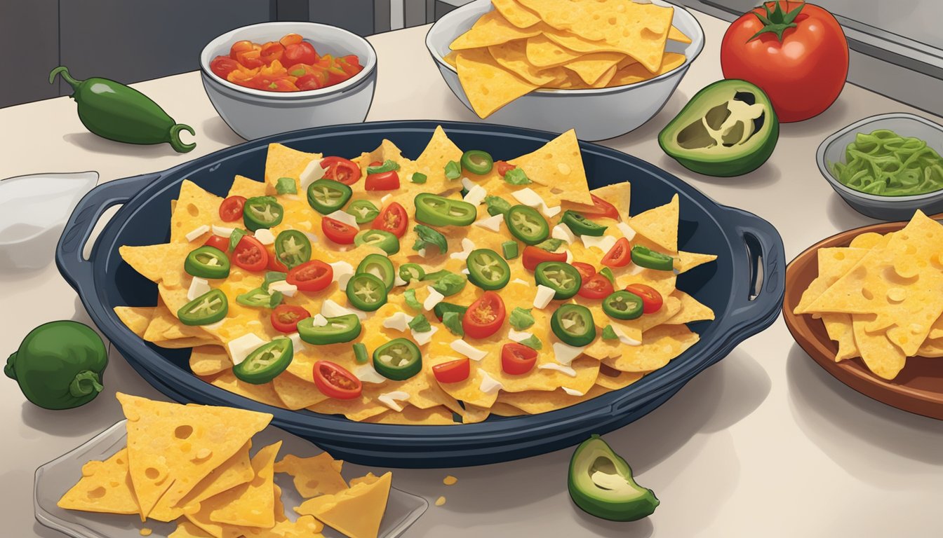 A plate of chicken nachos sits on a kitchen counter, covered in melted cheese, diced tomatoes, and jalapenos. The nachos are beginning to cool, with steam rising from the dish