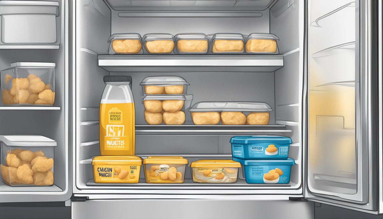 A refrigerator with a labeled container of chicken nuggets and cheese, sealed in airtight packaging, with a date indicating the expiration