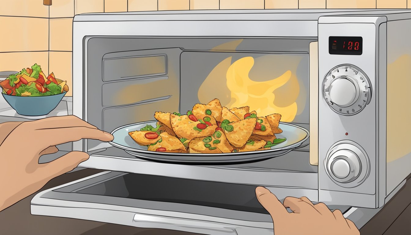 A plate of chicken nachos sits in the microwave, the timer counting down. A person's hand reaches in to take the hot, steaming plate out