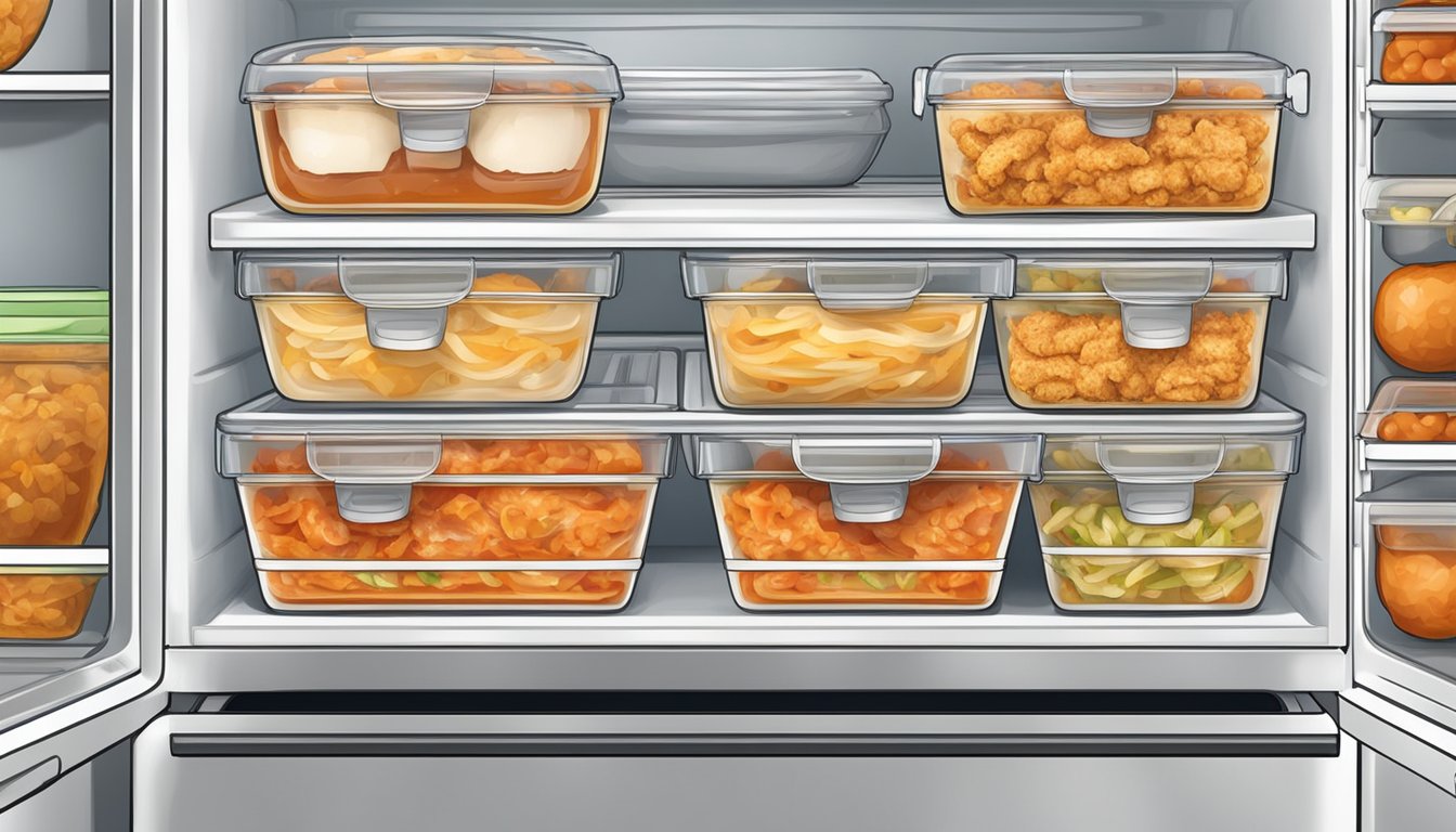 Airtight containers with chicken parmesan bowls stacked neatly in a refrigerator. Labels indicate the date of preparation for proper storage