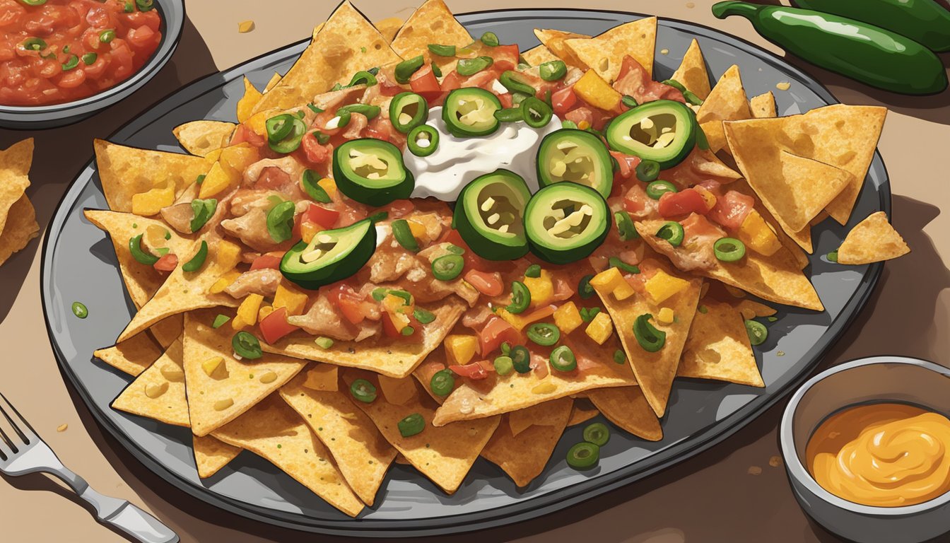 A plate of chicken nachos sits on a table, topped with melted cheese, jalapenos, and salsa. A few chips are already missing