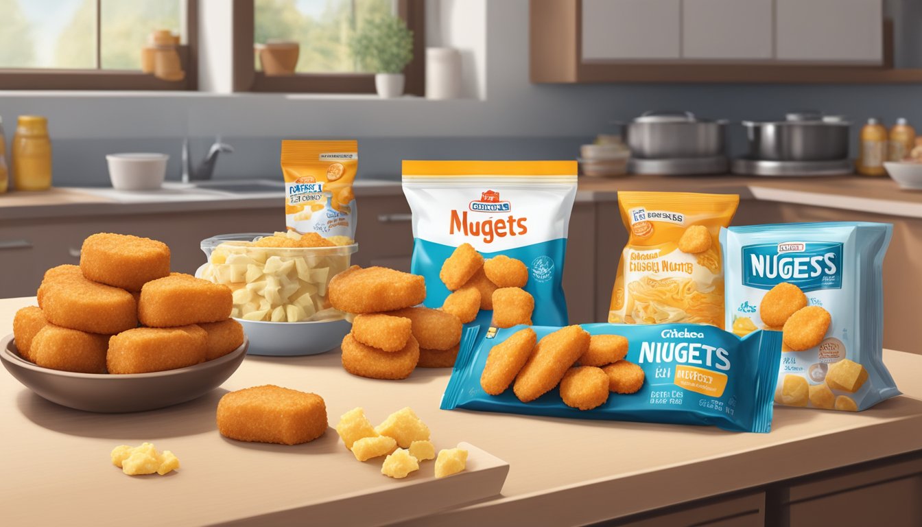 A package of chicken nuggets with cheese sits on a kitchen shelf, surrounded by other food items. The expiration date is visible on the packaging