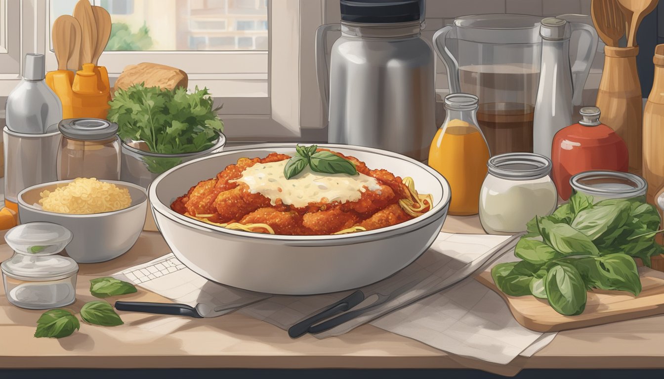 A bowl of chicken parmesan sits on a kitchen counter, surrounded by various ingredients and utensils. The bowl is covered with a clear lid, and a calendar on the wall shows the current date