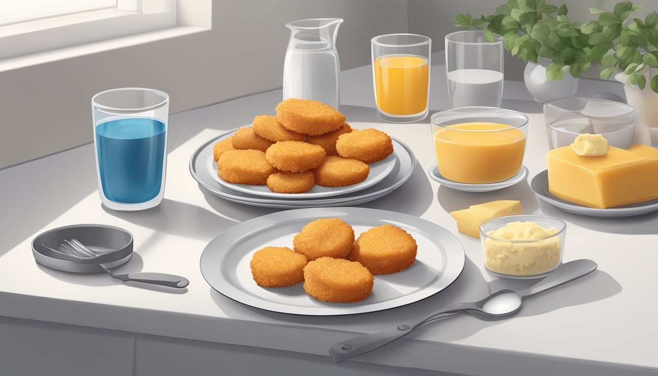 A plate of chicken nuggets with cheese sits on a clean, white countertop, surrounded by utensils and a timer set for food safety guidelines