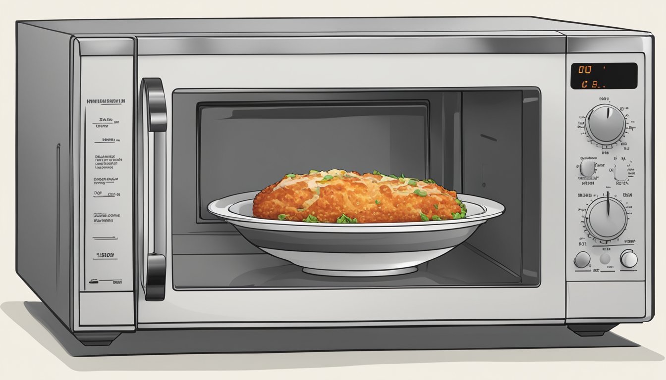 A microwave with a bowl of Chicken Parmesan inside, a timer set for reheating