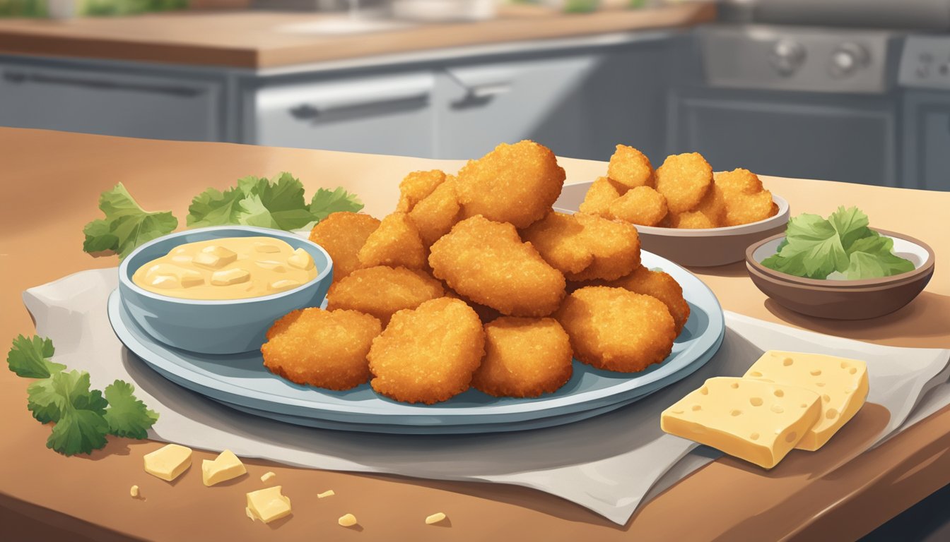 A plate of chicken nuggets with cheese sits on a kitchen counter, surrounded by a faint odor. The nuggets appear discolored and the cheese has begun to separate