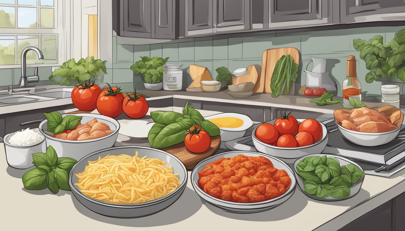 A kitchen counter with a colorful array of ingredients for chicken parmesan bowls, including fresh tomatoes, basil, cheese, and raw chicken