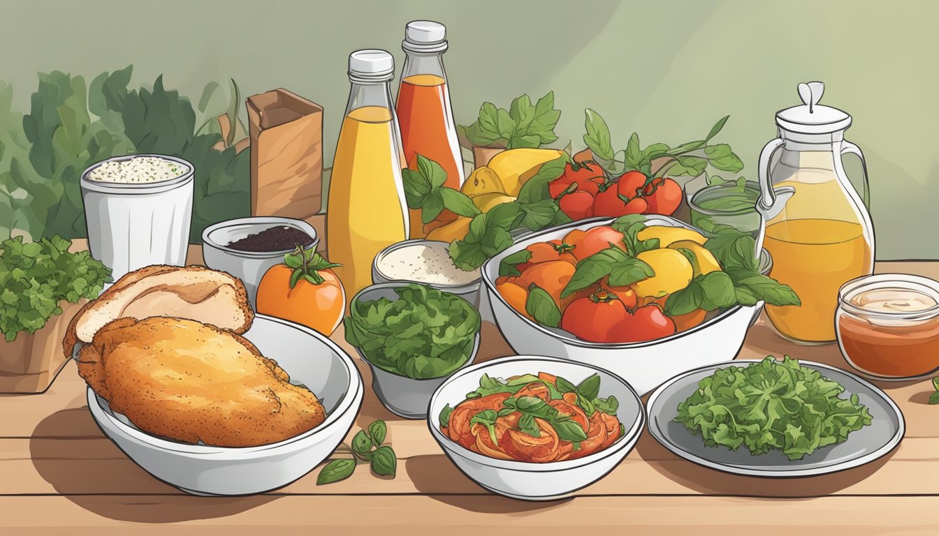 A table set with a colorful array of fresh ingredients, a bowl of chicken parmesan, and a compost bin nearby