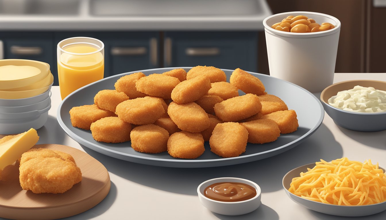 A plate of chicken nuggets with cheese sits on a kitchen counter, surrounded by various leftover containers and ingredients