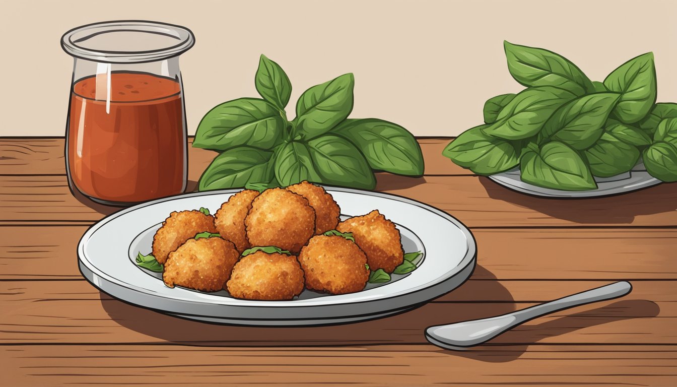 A plate of golden-brown chicken parmesan bites sits on a rustic wooden table, surrounded by fresh basil leaves and a side of marinara sauce