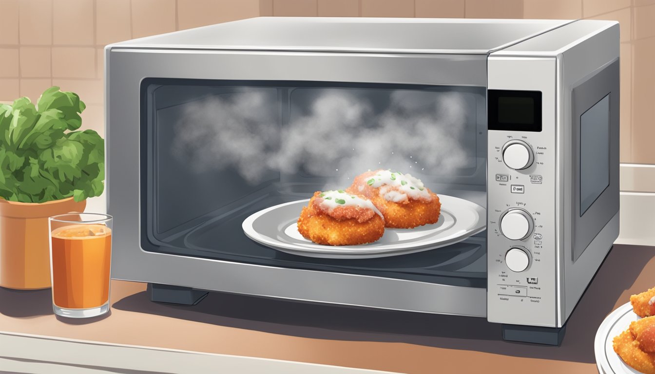 A plate of chicken parmesan bites sits in the microwave, steam rising as the timer counts down