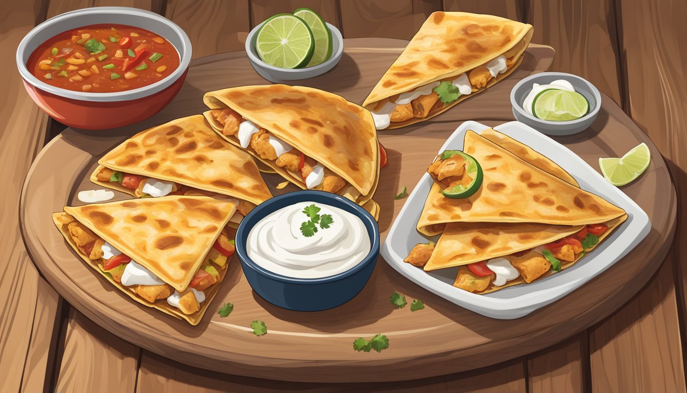 A plate of chicken quesadillas sits on a wooden table with a side of salsa and sour cream. The golden-brown tortillas are filled with melted cheese, tender chicken, and diced peppers