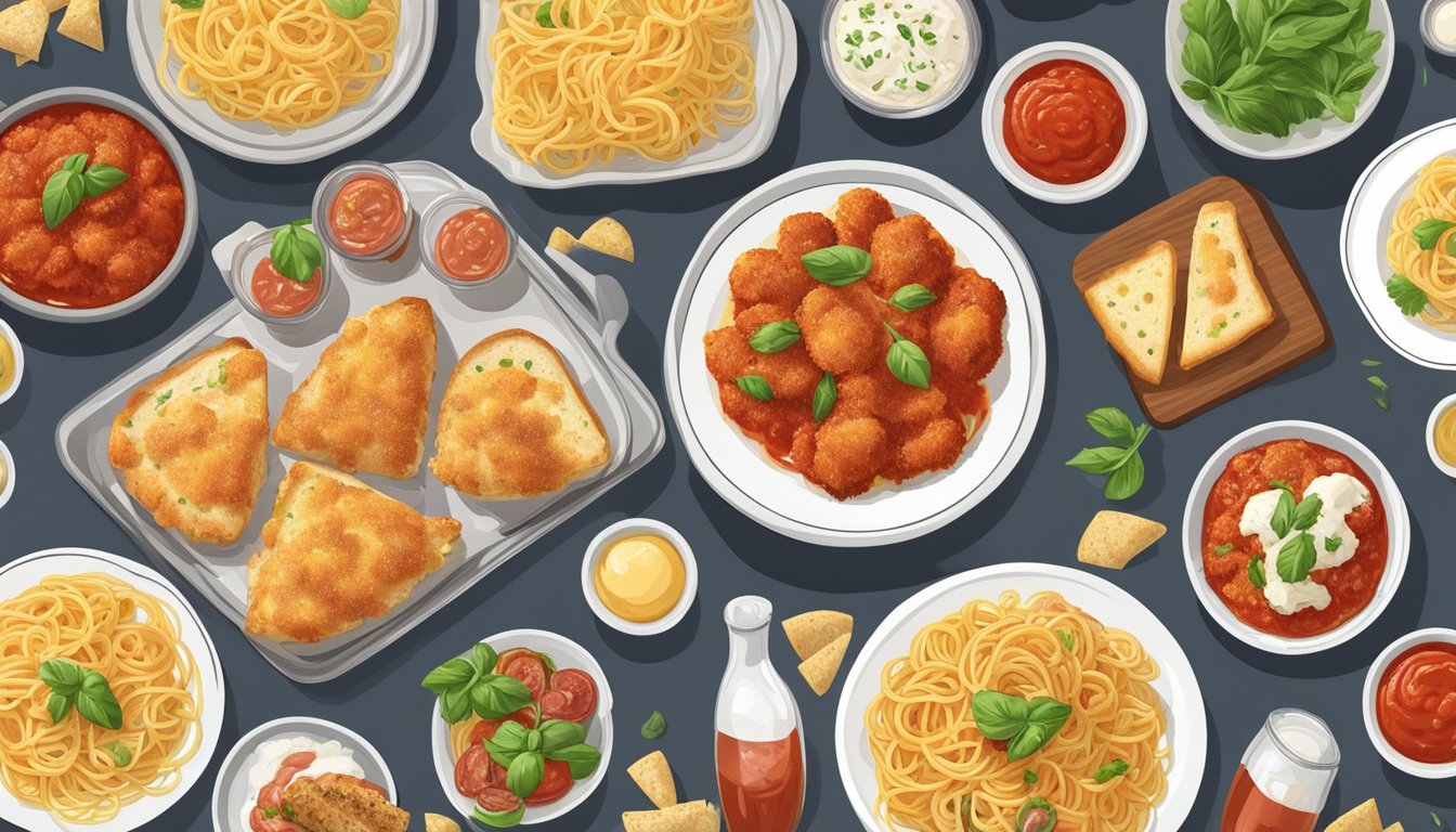 A plate of chicken parmesan bites surrounded by various related dishes, such as pasta, marinara sauce, and garlic bread