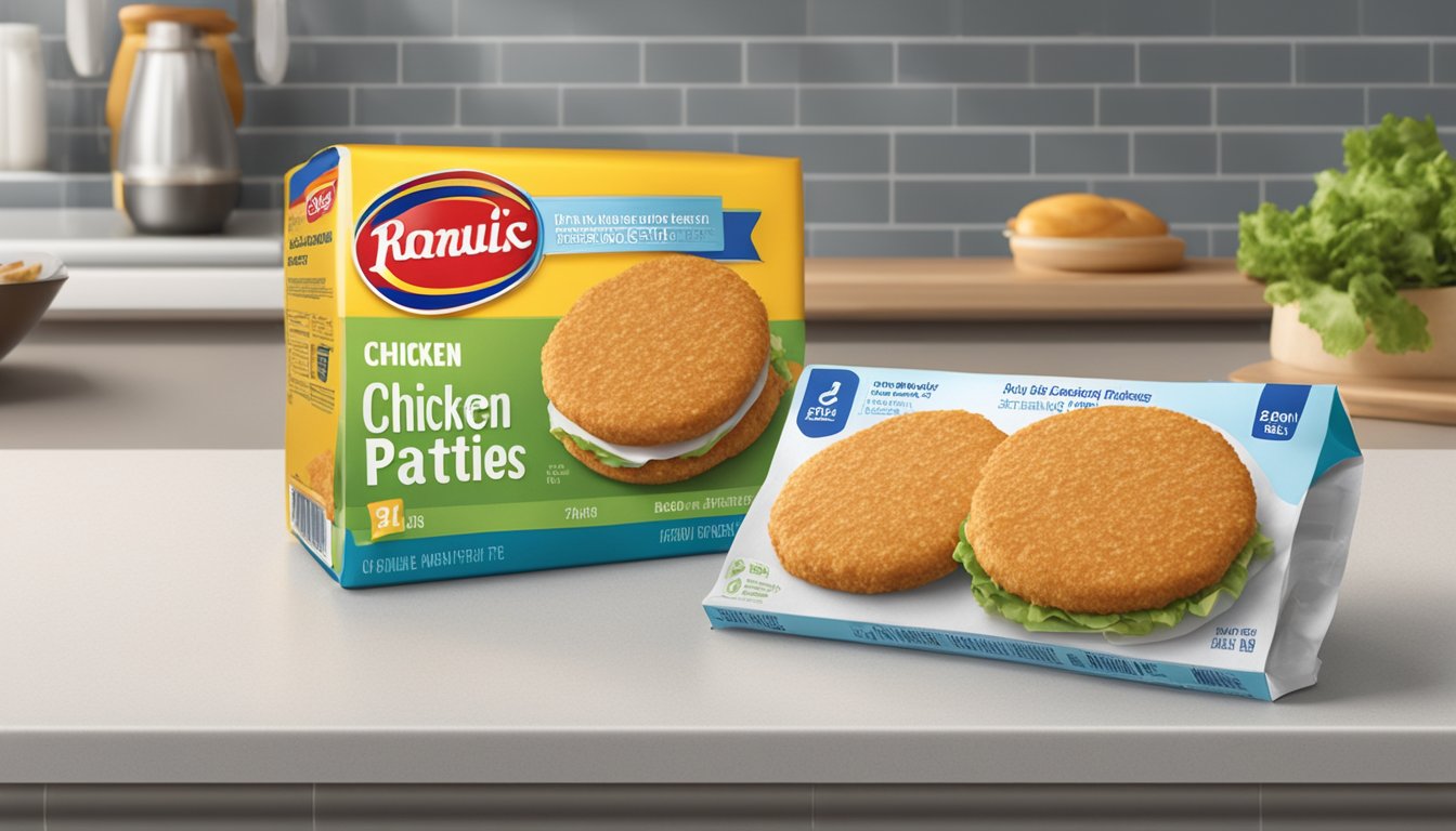 A package of chicken patties sits on a kitchen counter, with a "use by" date clearly printed on the label