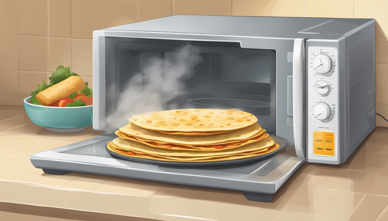 A plate of chicken quesadillas sits in the microwave, steam rising as the timer counts down