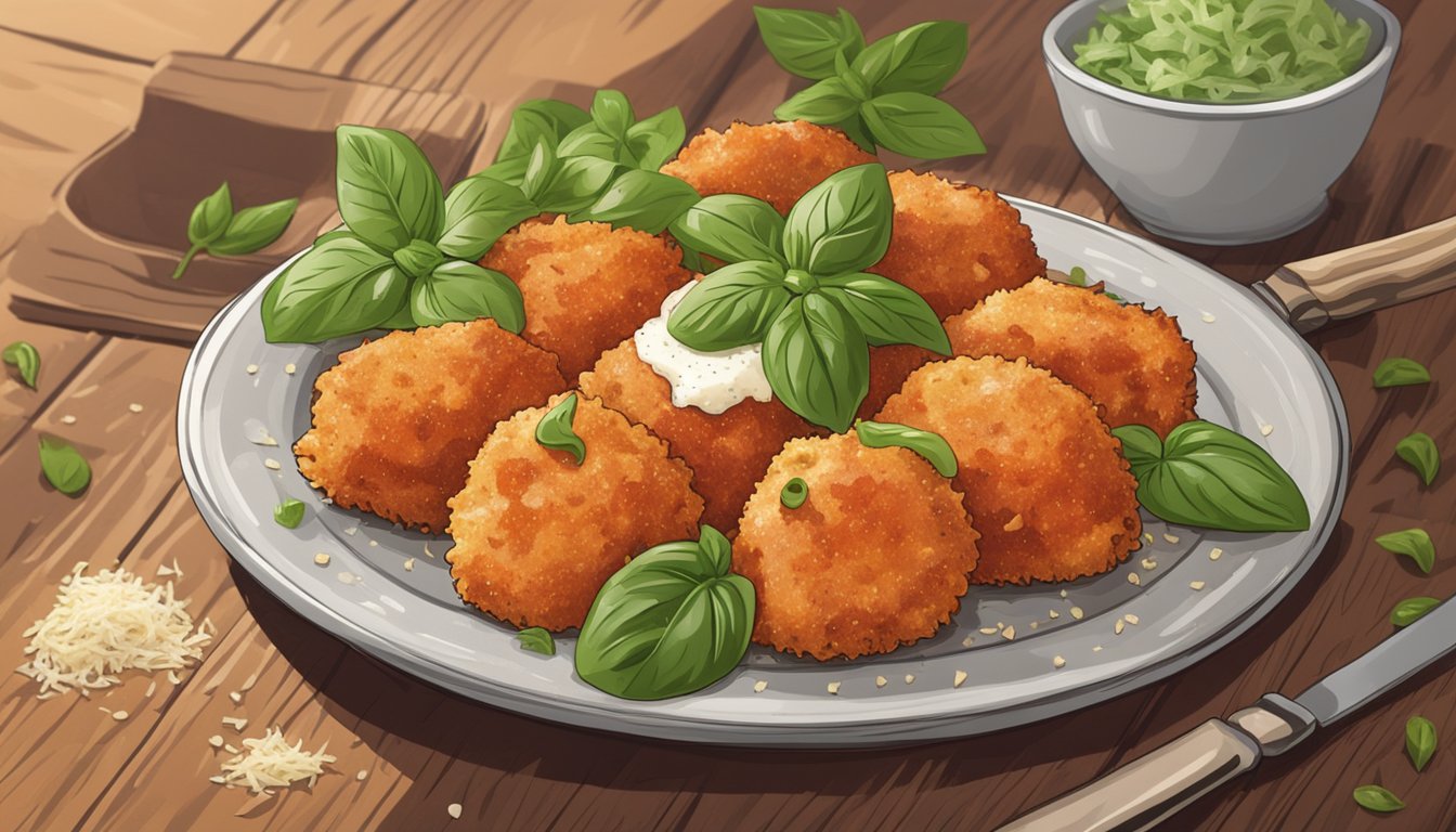 A plate of chicken parmesan bites sits on a rustic wooden table, surrounded by fresh basil leaves and a sprinkling of grated parmesan cheese