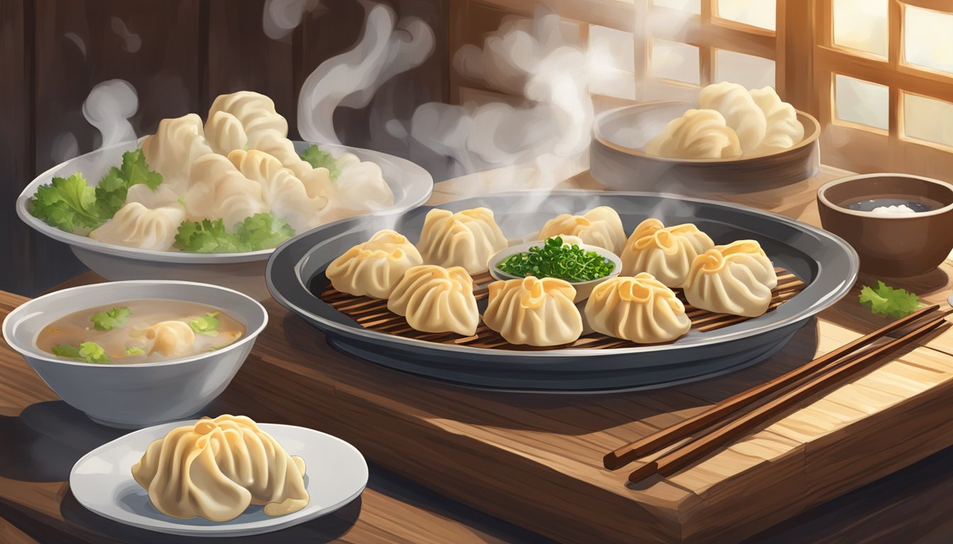 A plate of chicken potstickers sits on a wooden table, surrounded by steam rising from the freshly cooked dumplings