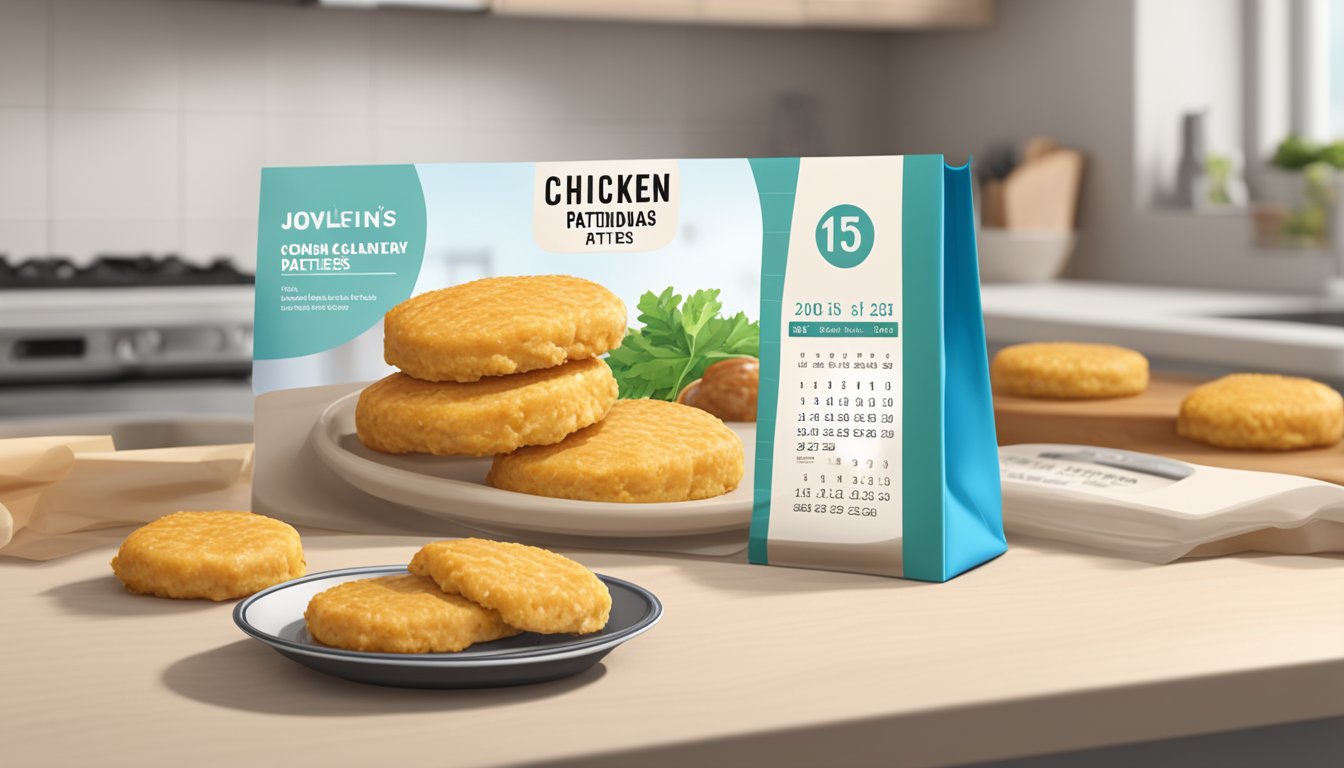 A package of chicken patties sitting on a kitchen counter, next to a calendar with the date circled