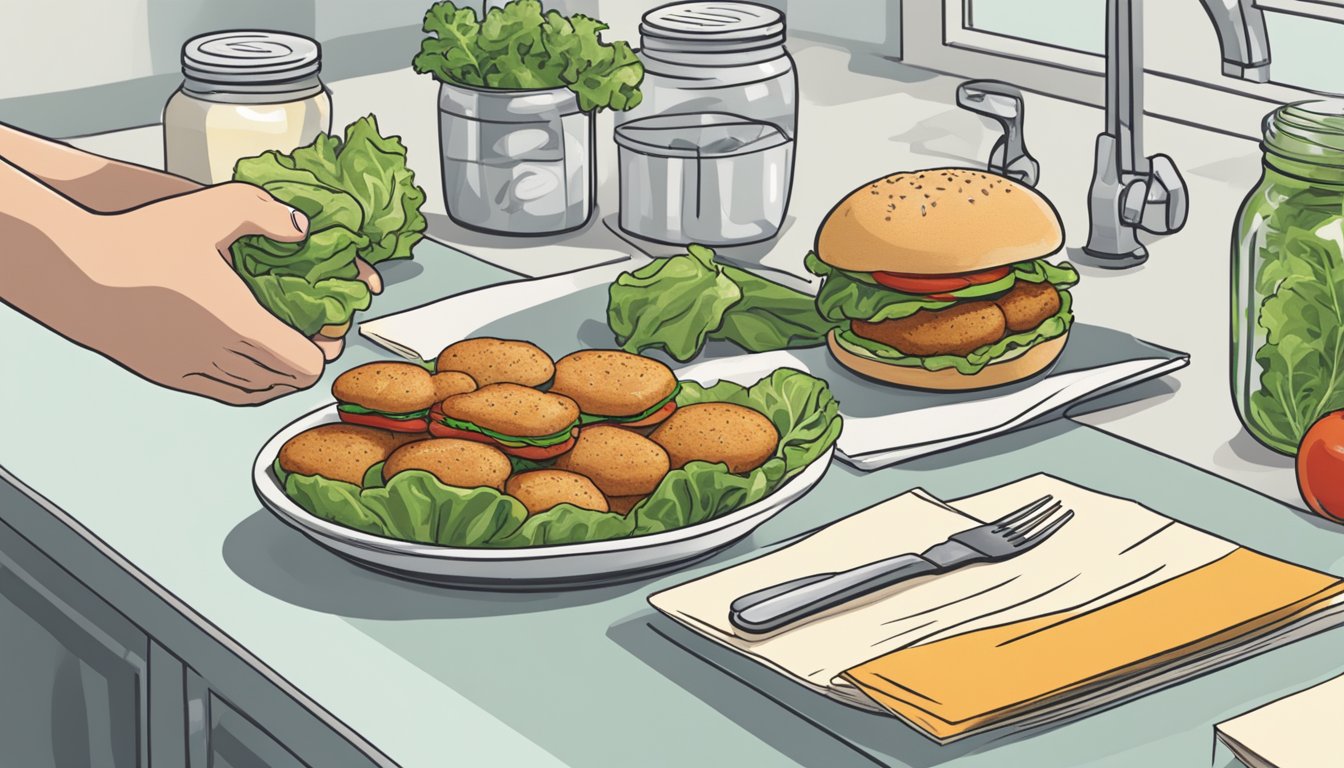 A hand reaches for lettuce, tomato, and chicken patties on a kitchen counter. A jar of mayonnaise and a package of slider buns sit nearby