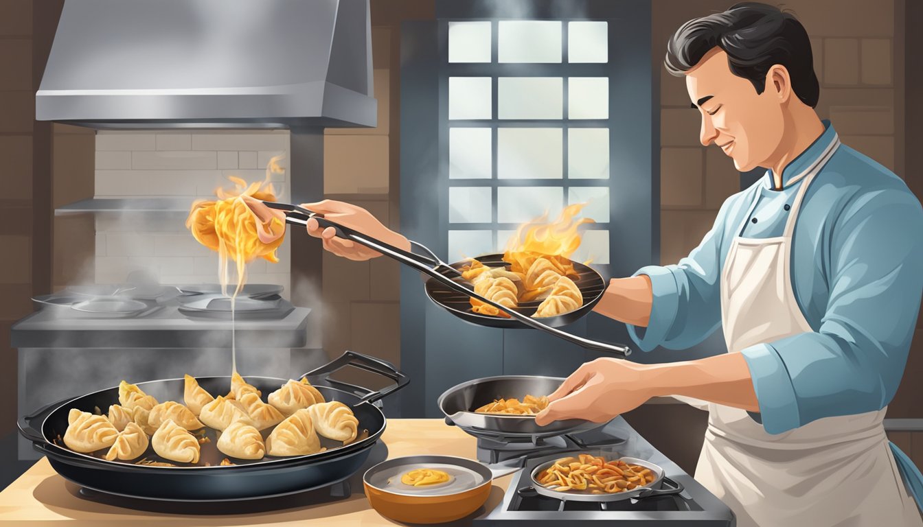 A chef using tongs to flip chicken potstickers in a sizzling pan