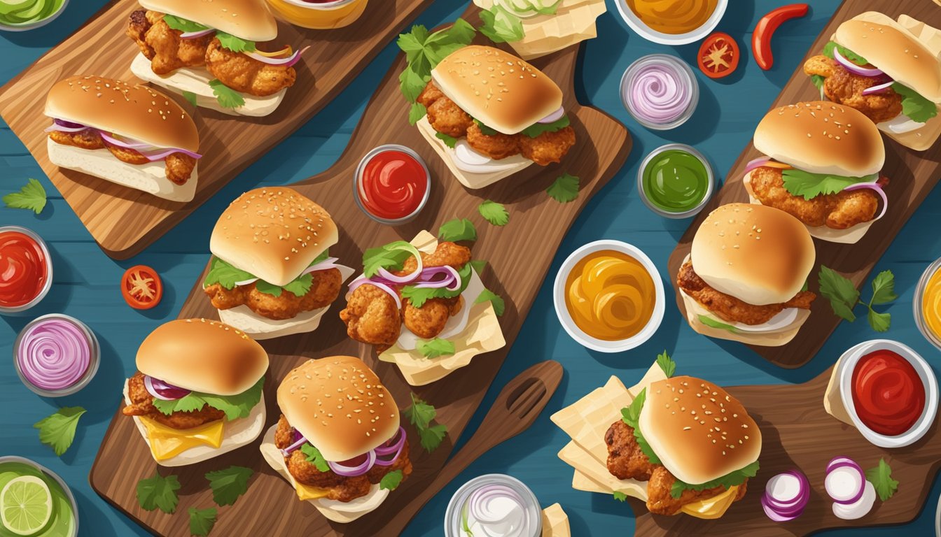 A platter of freshly grilled chicken sliders sits on a wooden cutting board, surrounded by colorful condiments and garnishes