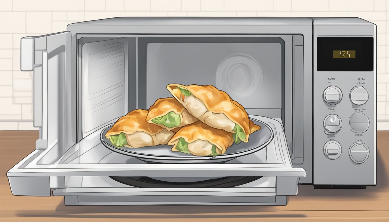 A plate of chicken potstickers on a microwave-safe dish with a paper towel covering them. A microwave with the door open and a timer set for reheating