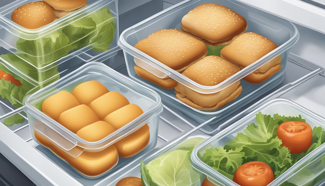 Airtight container with chicken sliders, placed in refrigerator