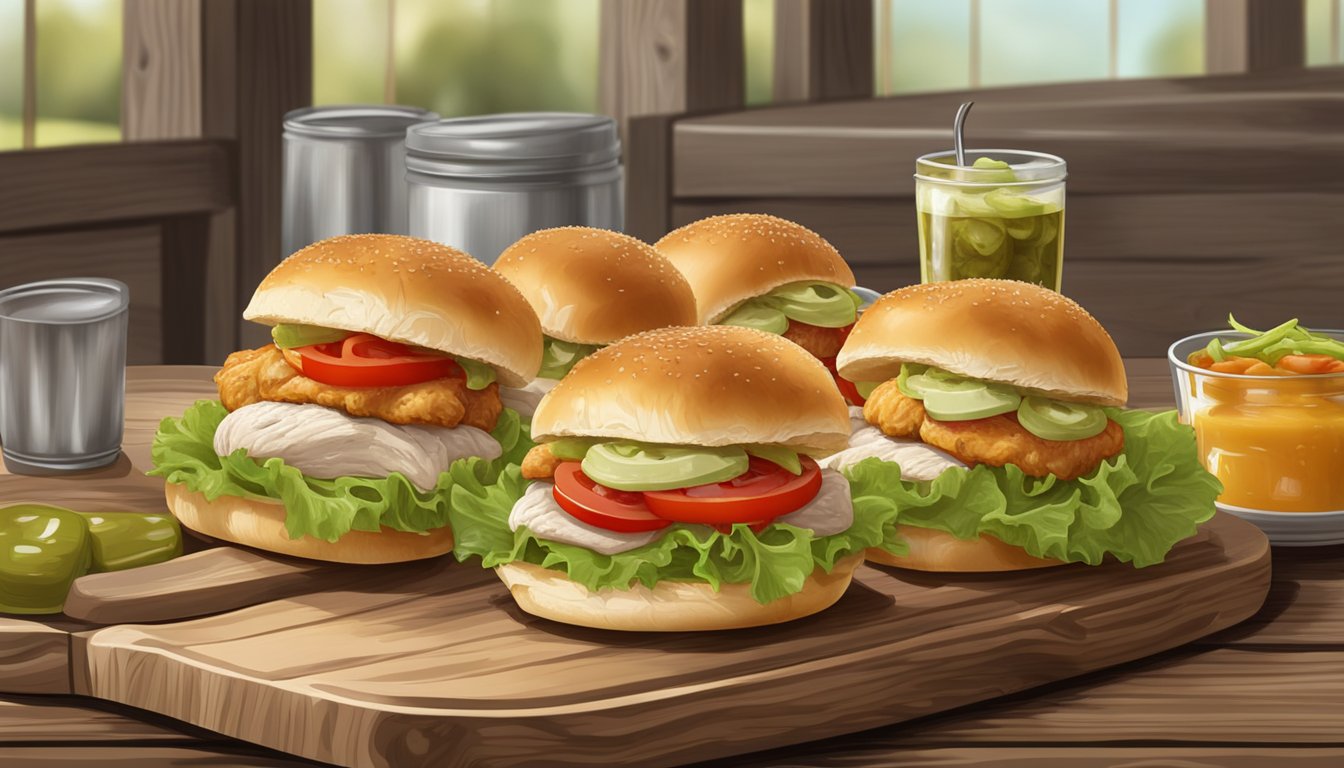 A platter of chicken sliders arranged with lettuce and tomato, with a side of pickles and a dollop of sauce, on a rustic wooden board