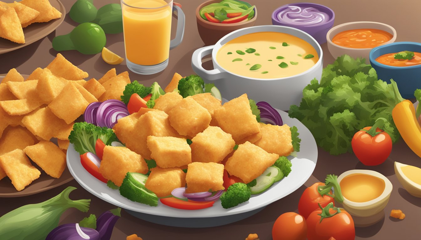 A plate of chicken queso bites surrounded by colorful vegetables and a dipping sauce, with steam rising from the hot, cheesy center