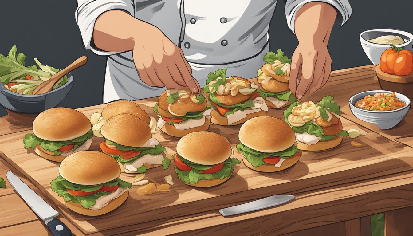 A chef assembling chicken sliders with various toppings on a wooden cutting board