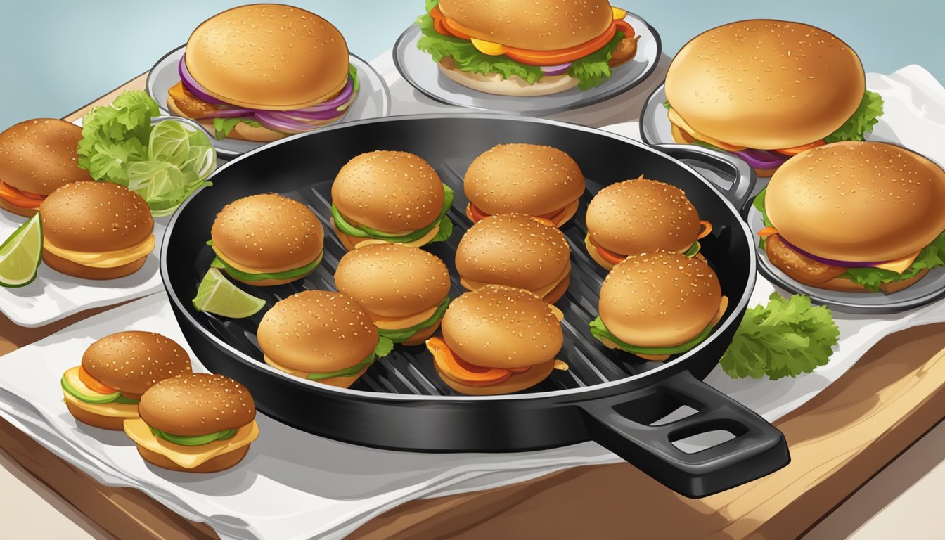 A sizzling skillet with golden-brown chicken sliders, steaming and ready to be served on a platter with fresh buns and garnishes