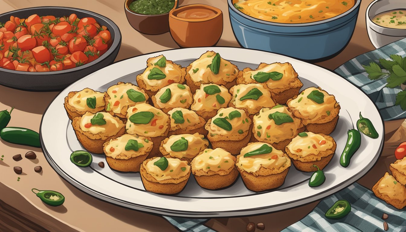 A plate of chicken queso bites sits on a kitchen counter, surrounded by a variety of spices and herbs. The bites are covered in a gooey, melted cheese and topped with diced tomatoes and jalapenos