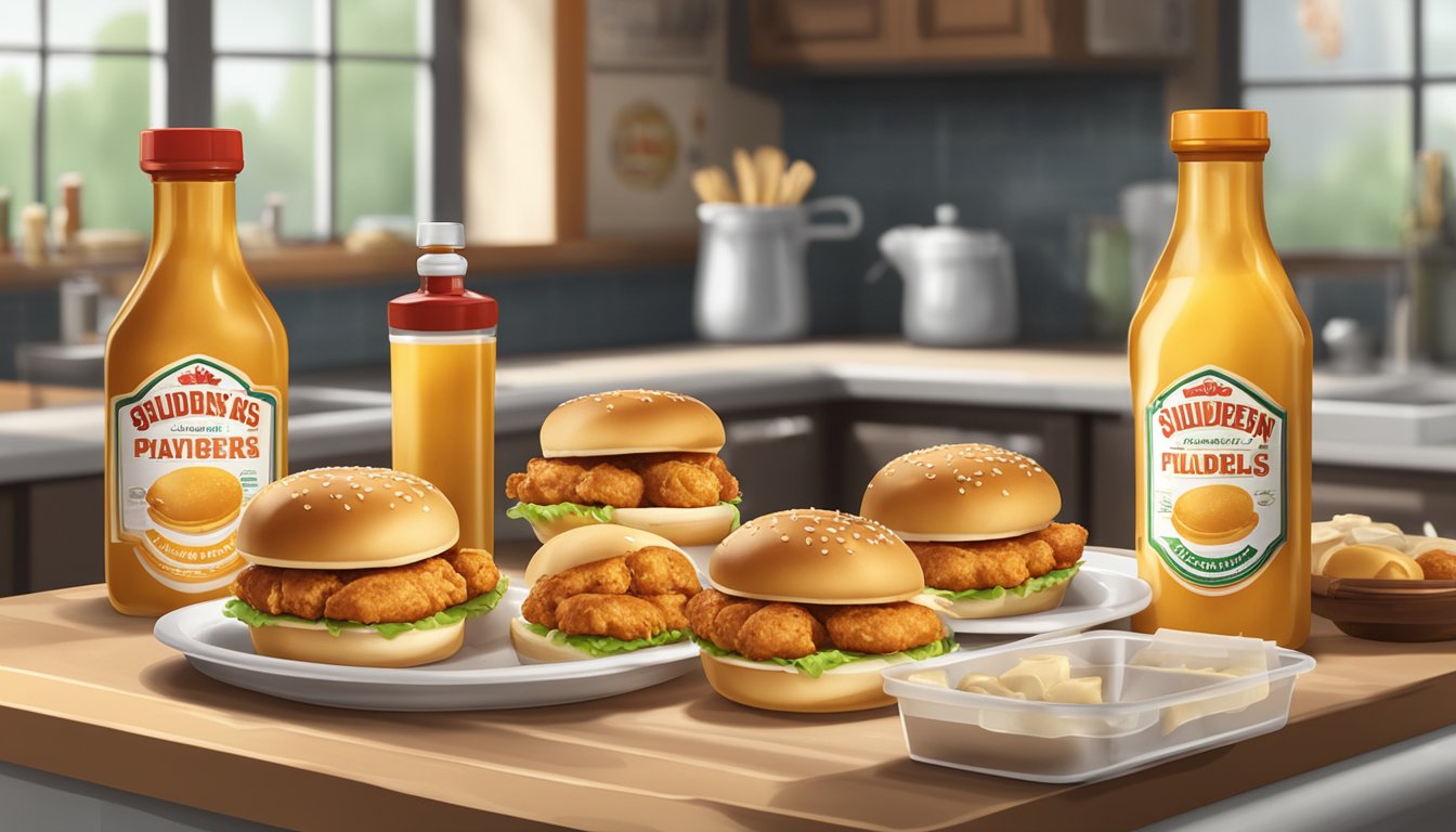 A plate of chicken sliders sits on a kitchen counter, surrounded by condiment bottles and a half-empty bag of buns. The sliders appear freshly made, with golden brown buns and juicy chicken patties