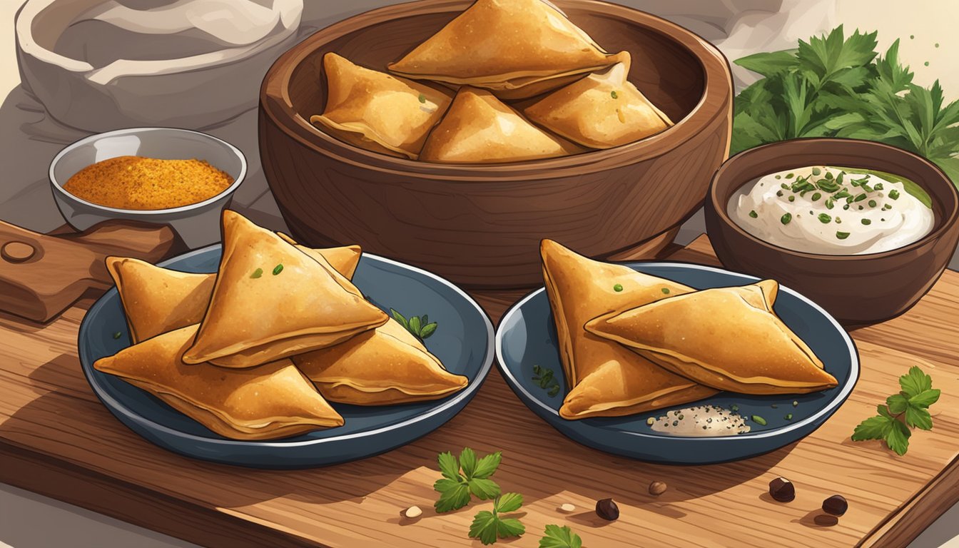 A plate of chicken samosas sits on a wooden cutting board, surrounded by various spices and herbs. The samosas are golden brown and crispy, with steam rising from the filling