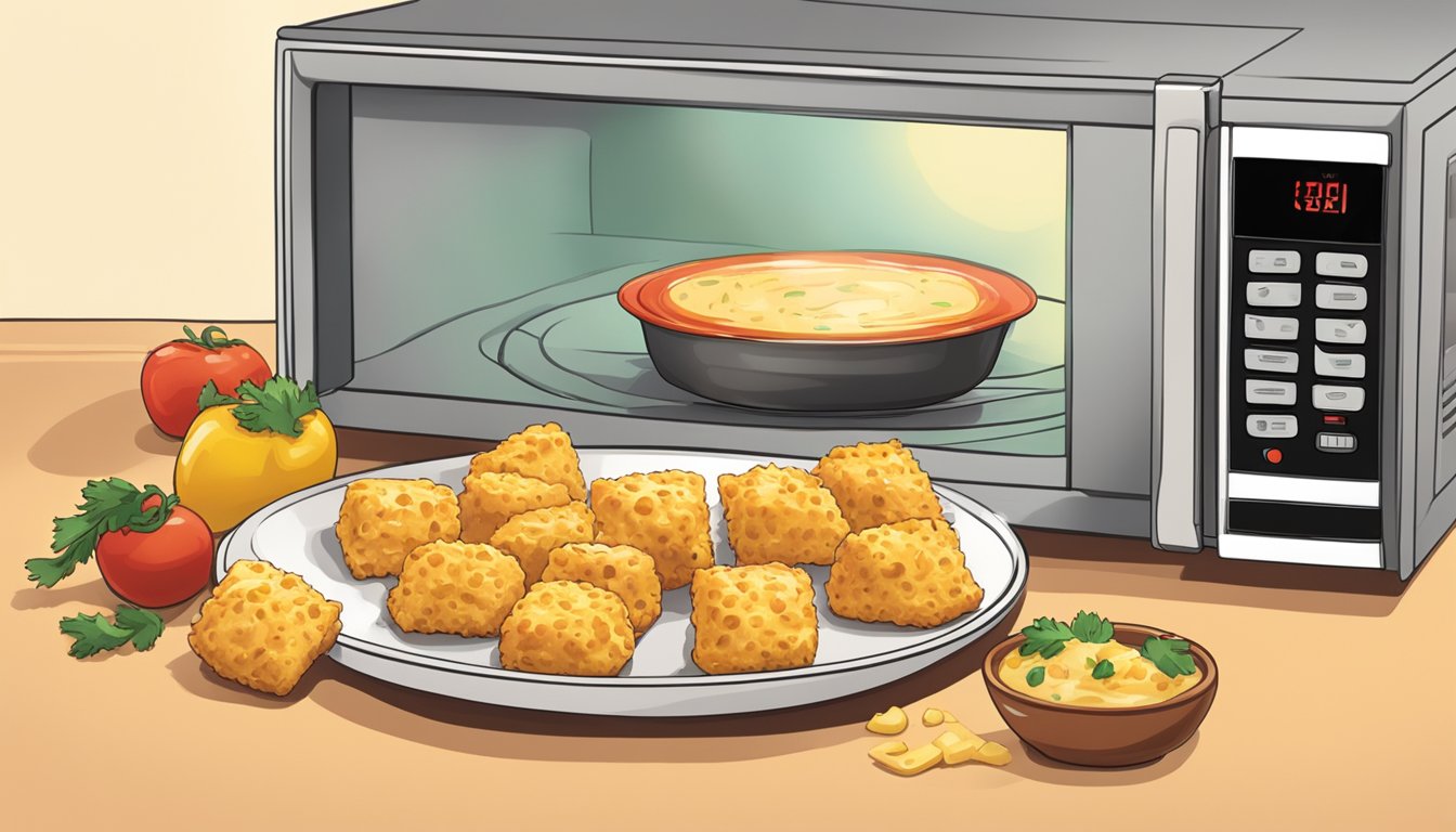 A plate of chicken queso bites being reheated in the microwave