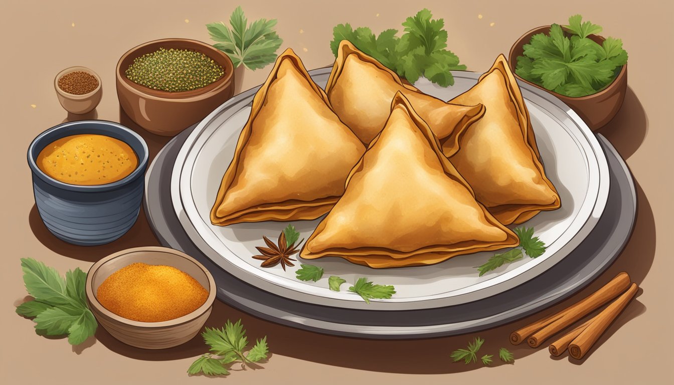 A plate of chicken samosas sits on a shelf, surrounded by spices and herbs. The samosas are golden brown and crispy, with steam rising from their filling