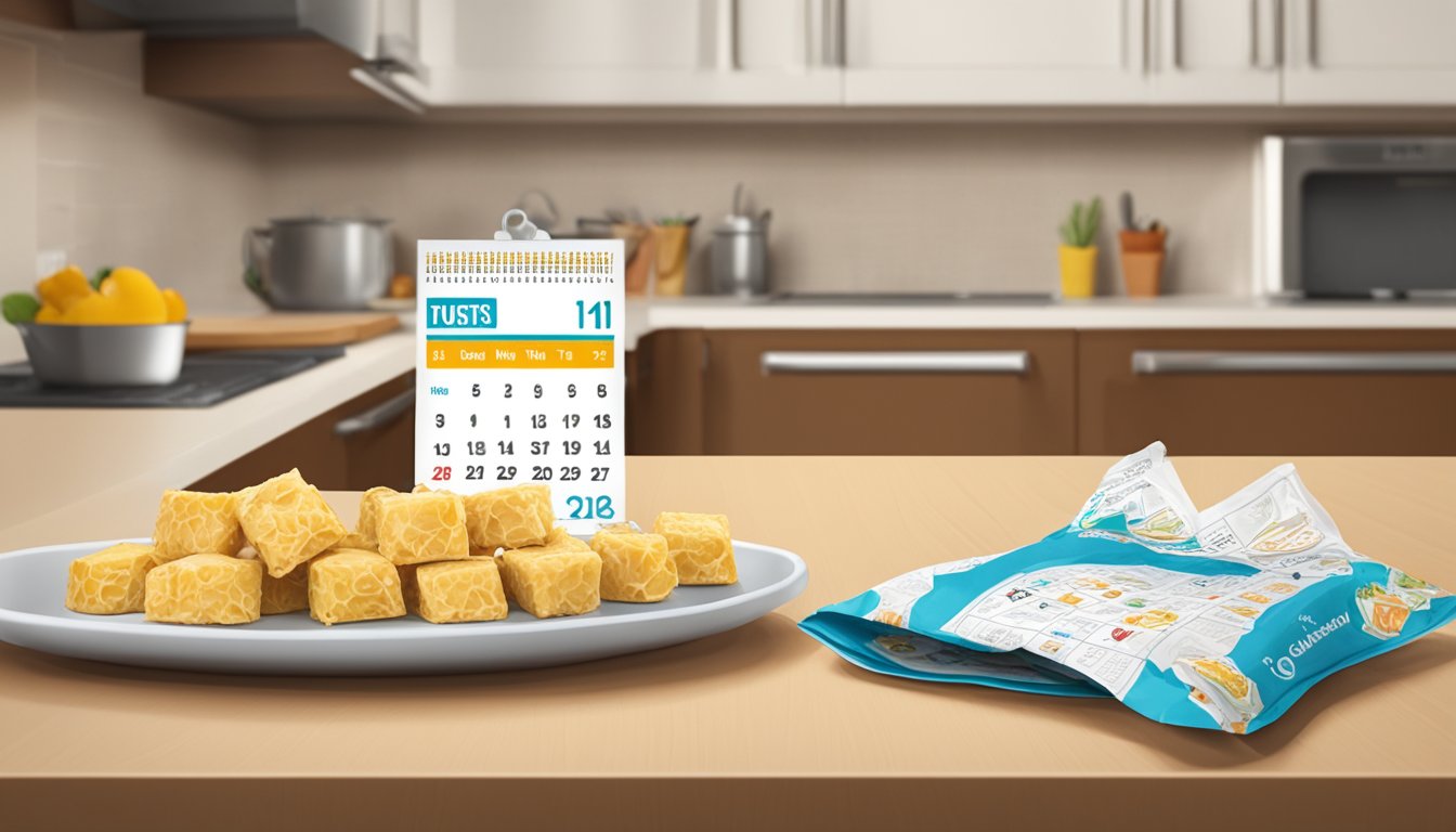 A plate of chicken queso bites sits on a kitchen counter, covered with plastic wrap. A calendar on the wall shows the current date