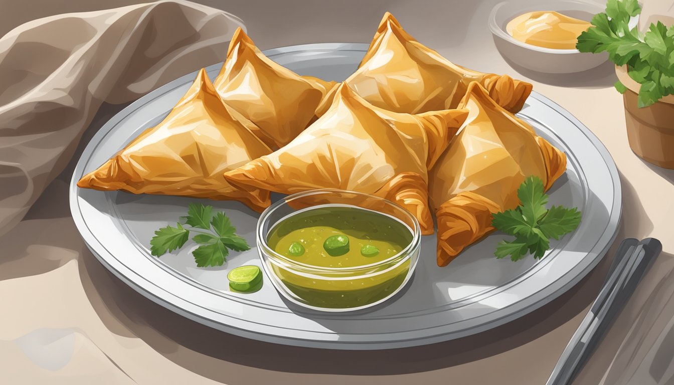 A plate of chicken samosas sits on a kitchen counter, covered with a clear plastic wrap. The samosas are arranged neatly and appear freshly made