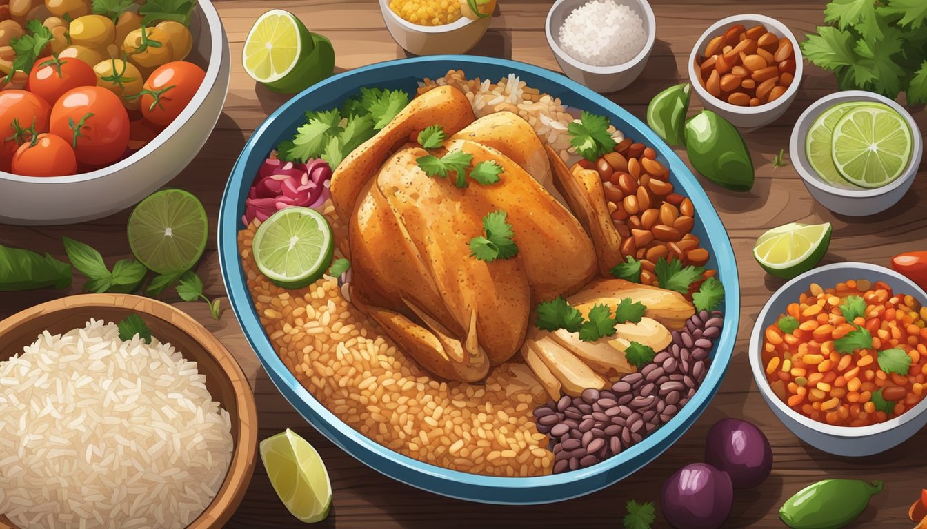 A colorful bowl filled with chicken, rice, beans, and toppings sits on a wooden table, surrounded by fresh ingredients and spices