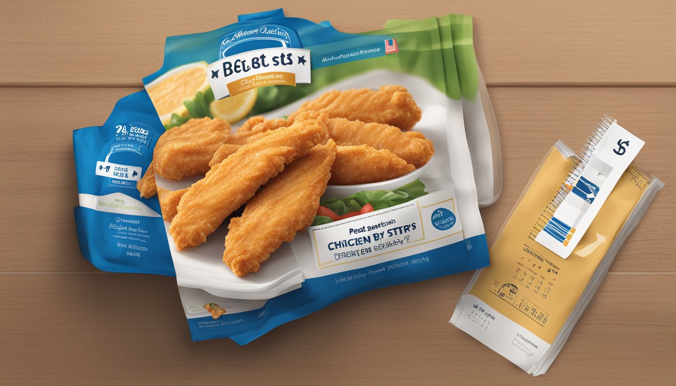 A package of chicken strips with a "best by" date label, alongside a calendar indicating the current date