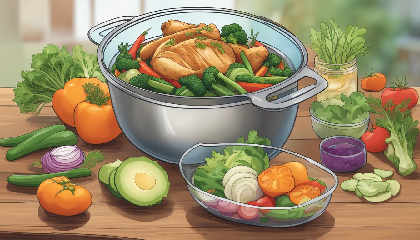 A colorful, steaming chicken stir-fry bowl sits on a wooden table, surrounded by fresh vegetables and herbs. A glass container with a tightly sealed lid is nearby, suggesting preservation