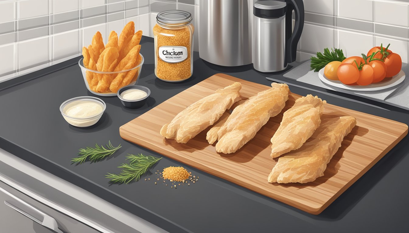 A package of chicken strips sits on a kitchen counter next to a cutting board, knife, and seasonings. A timer is set on the stove