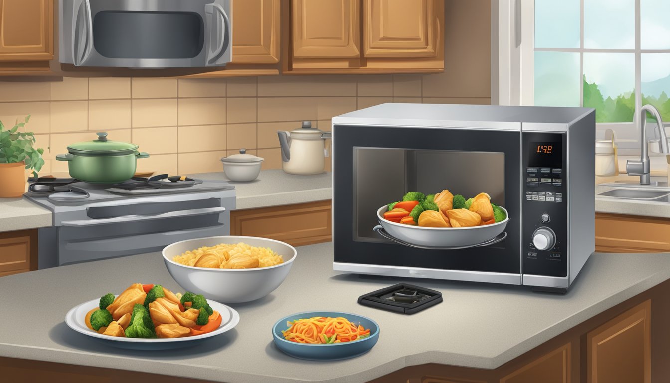 A kitchen scene with a microwave, a bowl of chicken stir fry, and a timer set for reheating