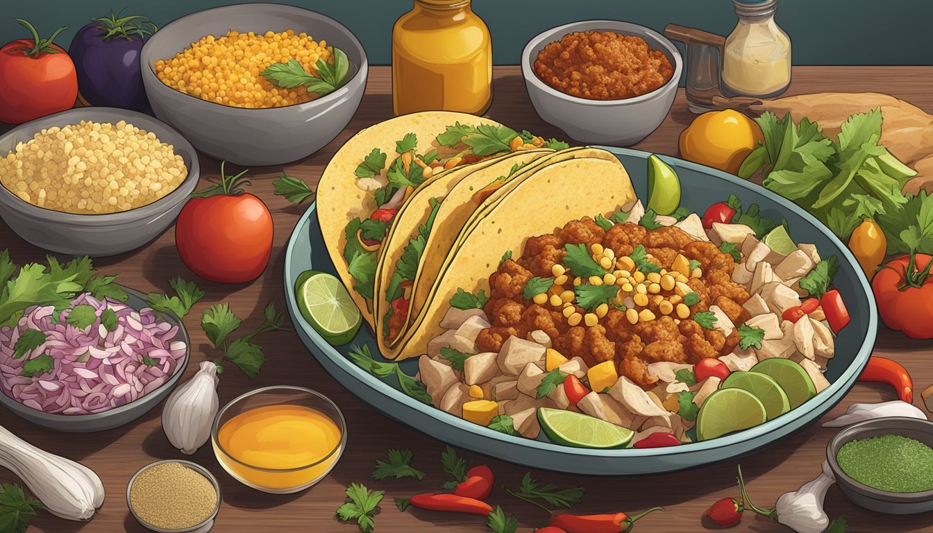 A colorful array of fresh ingredients and spices arranged around a bowl of chicken taco filling, with various alternative ingredients nearby