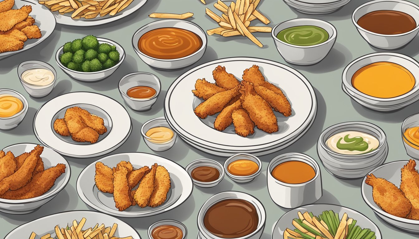 A plate of chicken strips arranged in a circular pattern with a variety of dipping sauces in small bowls placed around the plate